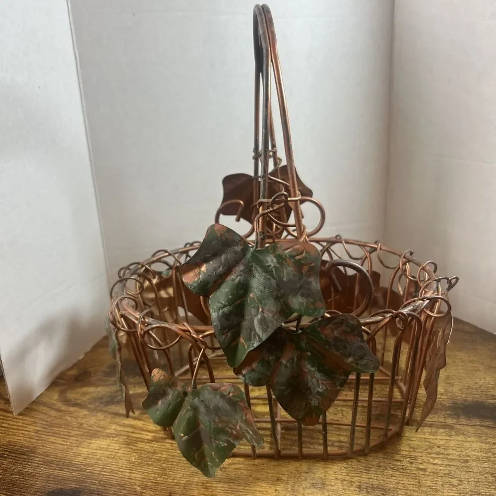 Metal Ivy Decor Oval Basket Copper Tone 10in Tall Rustic Table Organizer Storage